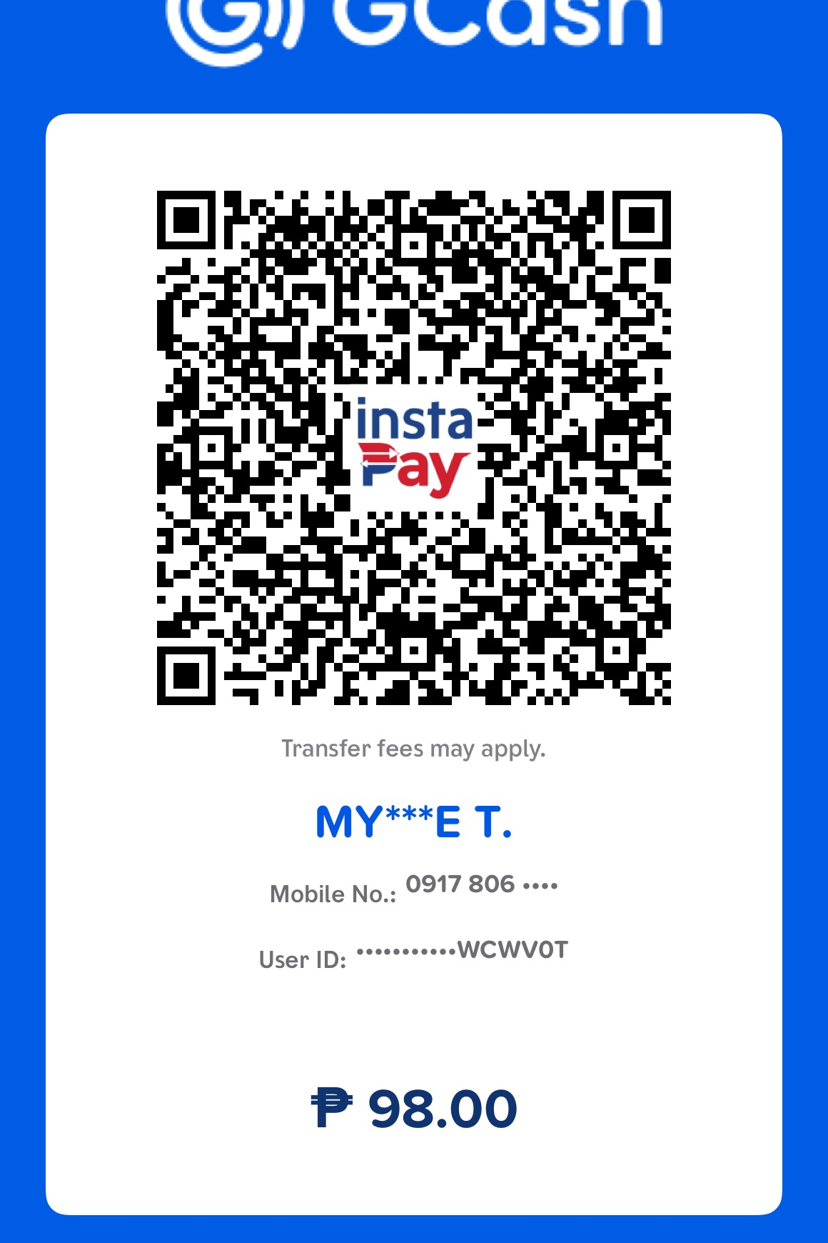 GCash QR code for ₱98.00 payment
