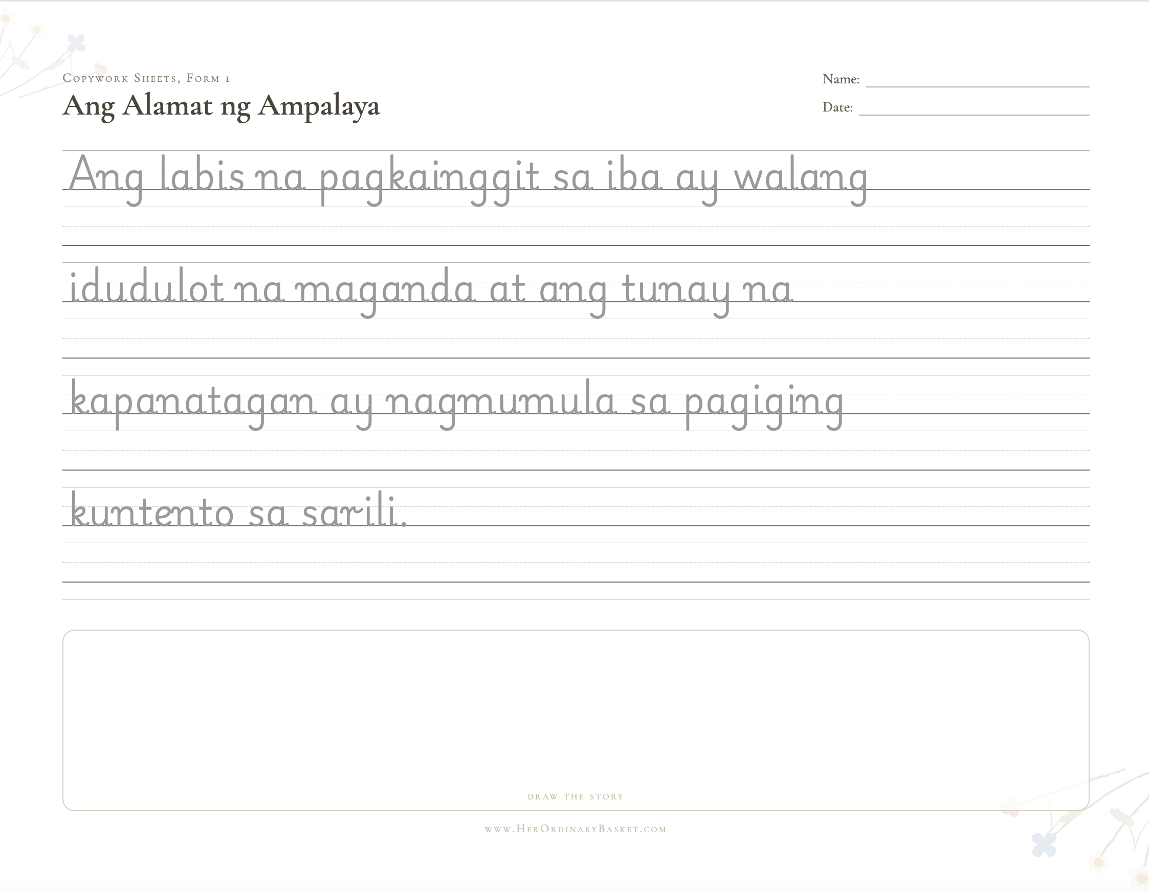 Copywork sheet: Ang Alamat ng Ampalaya, a Filipino passage