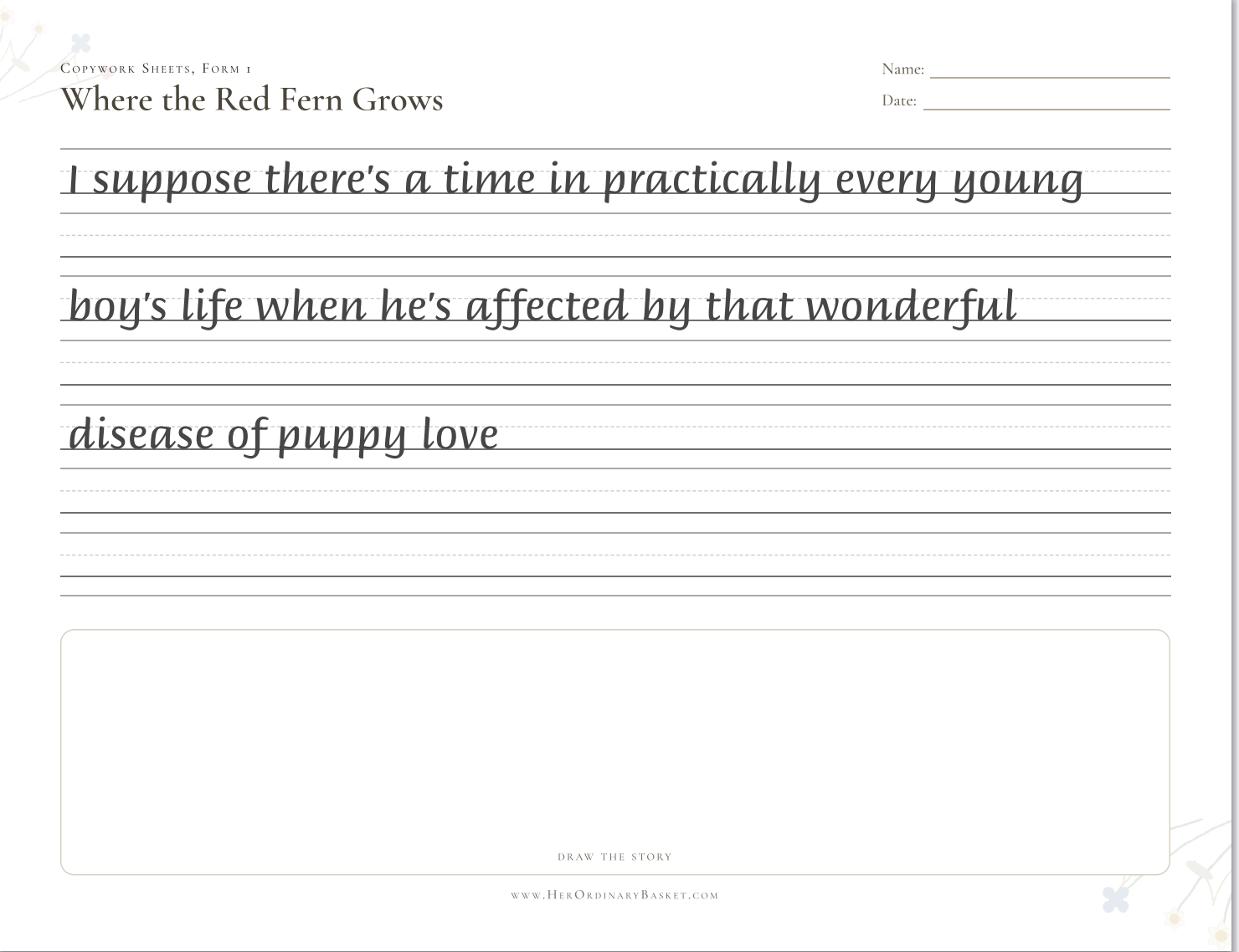 Copywork sheet: Where the Red Fern Grows