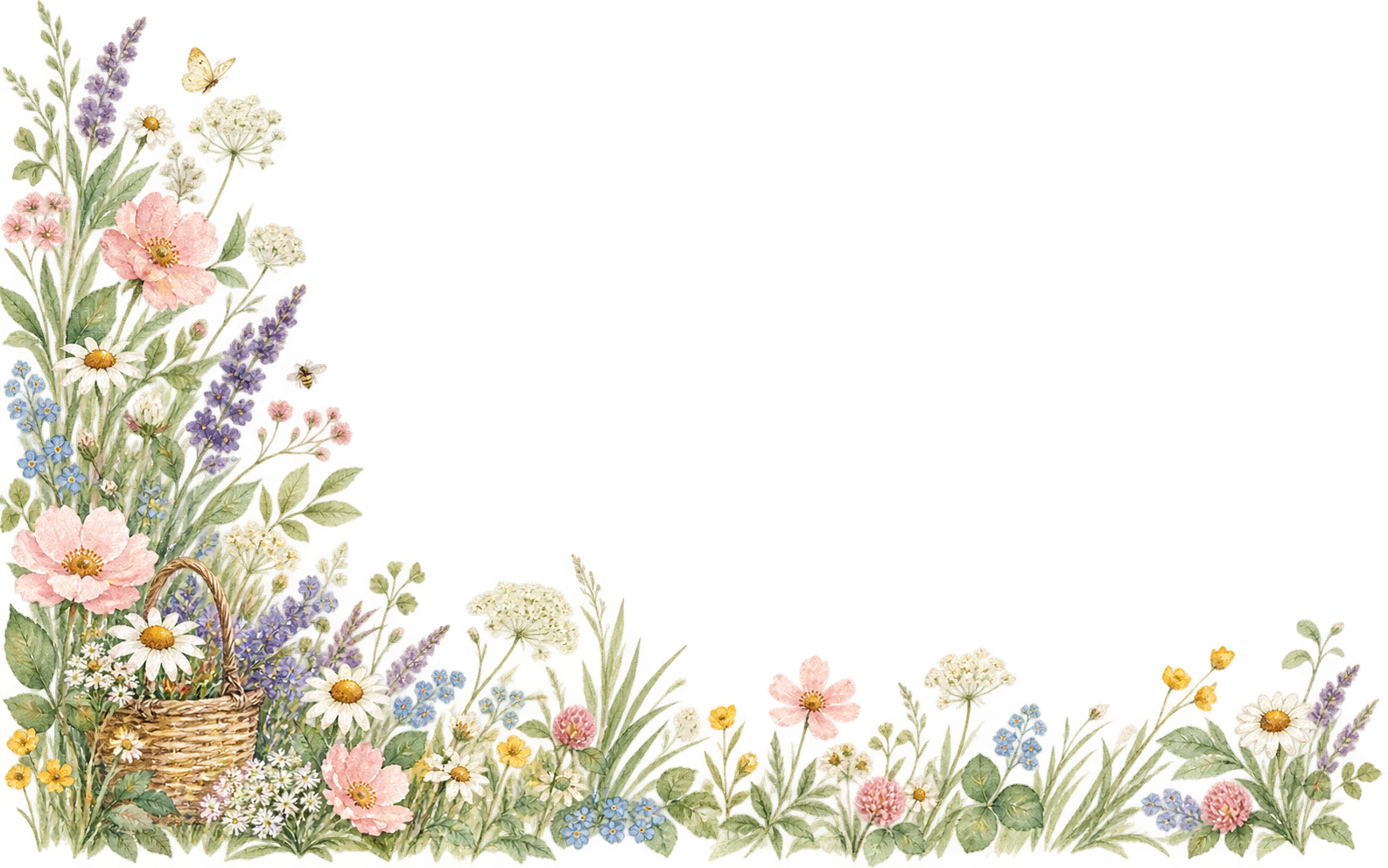 Watercolor cottage garden flowers and a woven basket