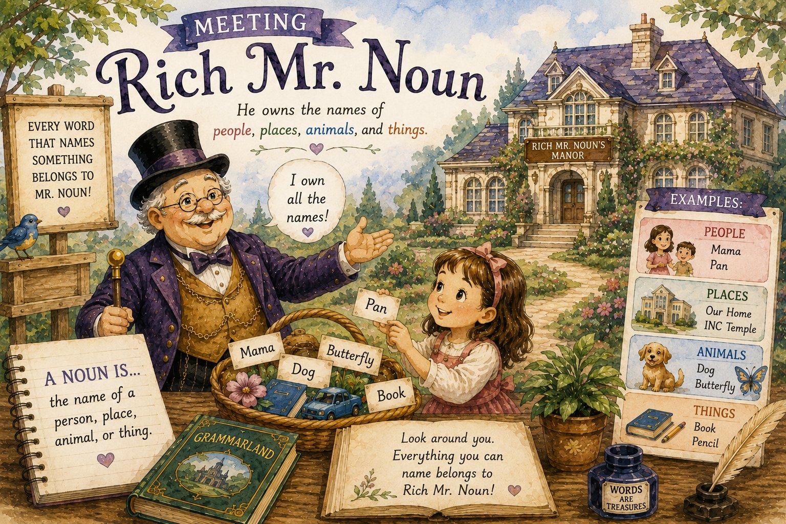A watercolour scene of Rich Mr. Noun in his top hat welcoming a young girl who holds a word card, with Noun Manor behind them and a chart of example nouns: people, places, animals, and things