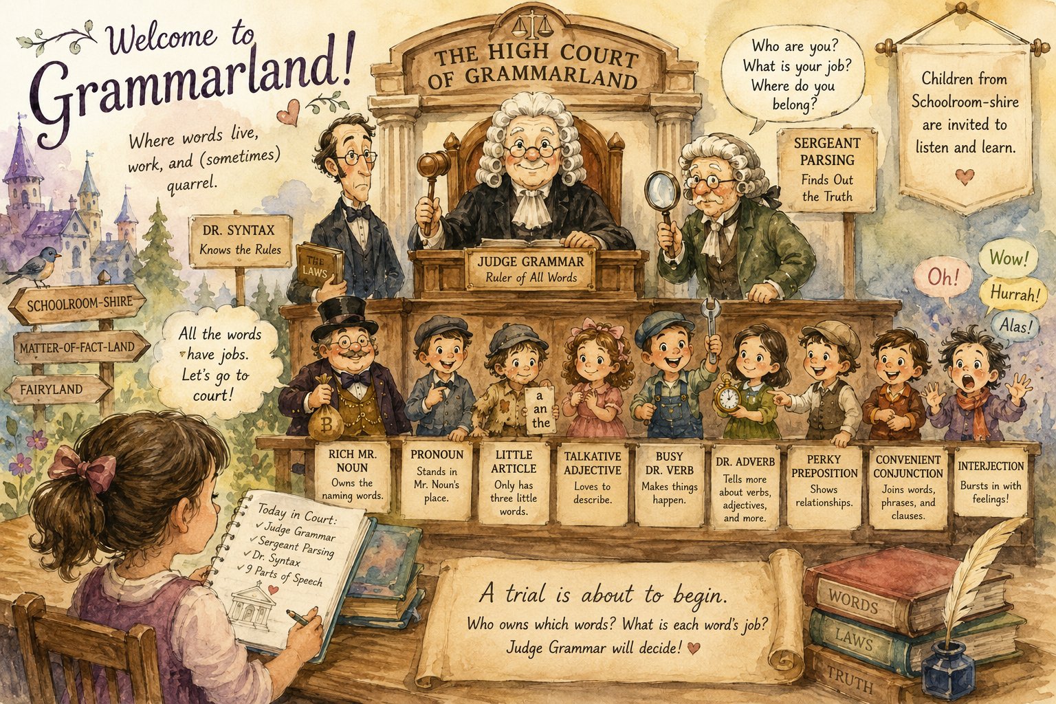 A watercolour scene of the High Court of Grammarland: Judge Grammar with his gavel, Dr. Syntax and Sergeant Parsing beside him, all nine parts of speech in a row, and a child from Schoolroom-shire taking notes