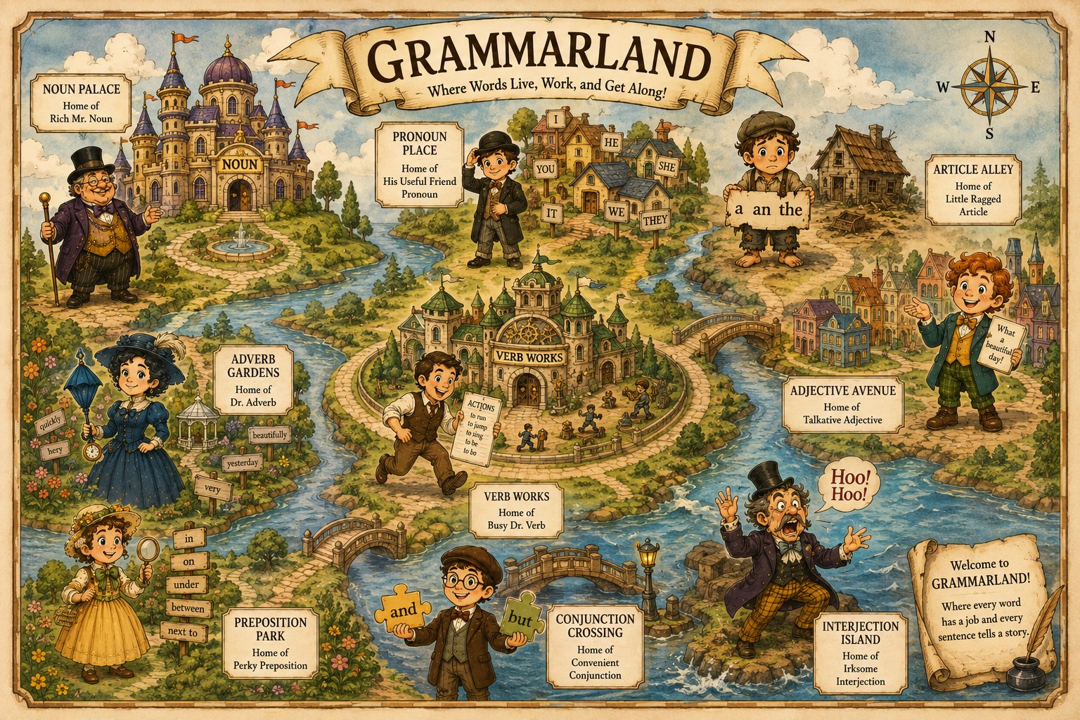 An illustrated map of Grammarland showing the High Court of Judge Grammar, Noun Palace, Verb Works, and the homes of the nine parts of speech