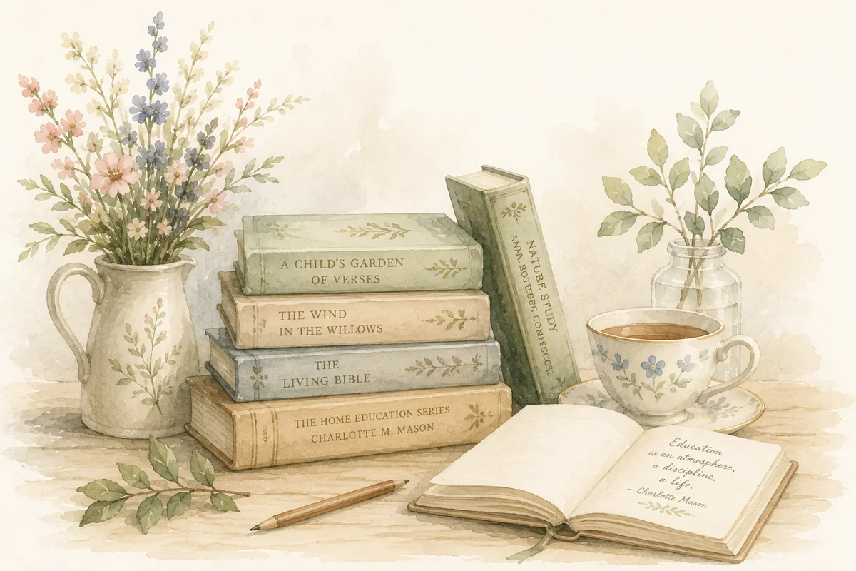Watercolor still life of books, flowers, and a teacup