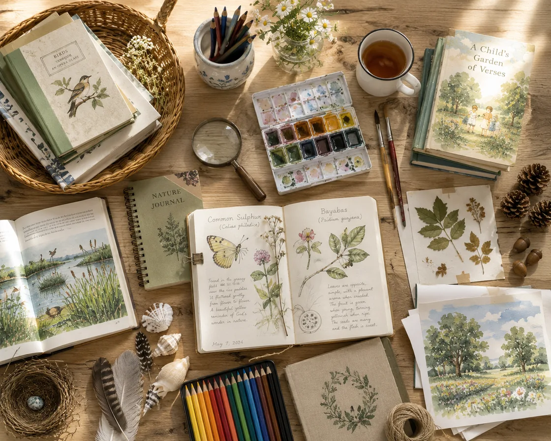 Watercolor flat-lay of Charlotte Mason homeschool materials: nature journals with butterfly and plant sketches, watercolor pencils, living books, pressed leaves, feathers, shells, and a cup of tea