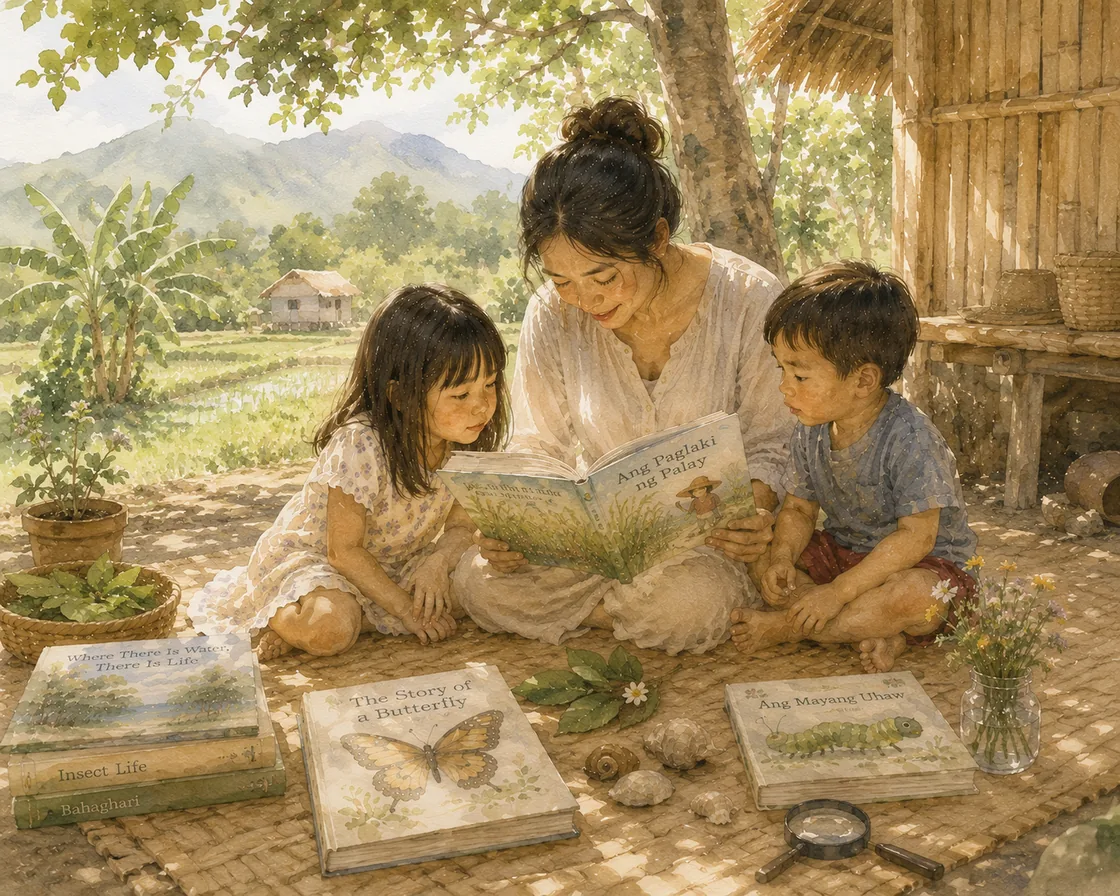 Watercolor of a mother reading aloud to two children