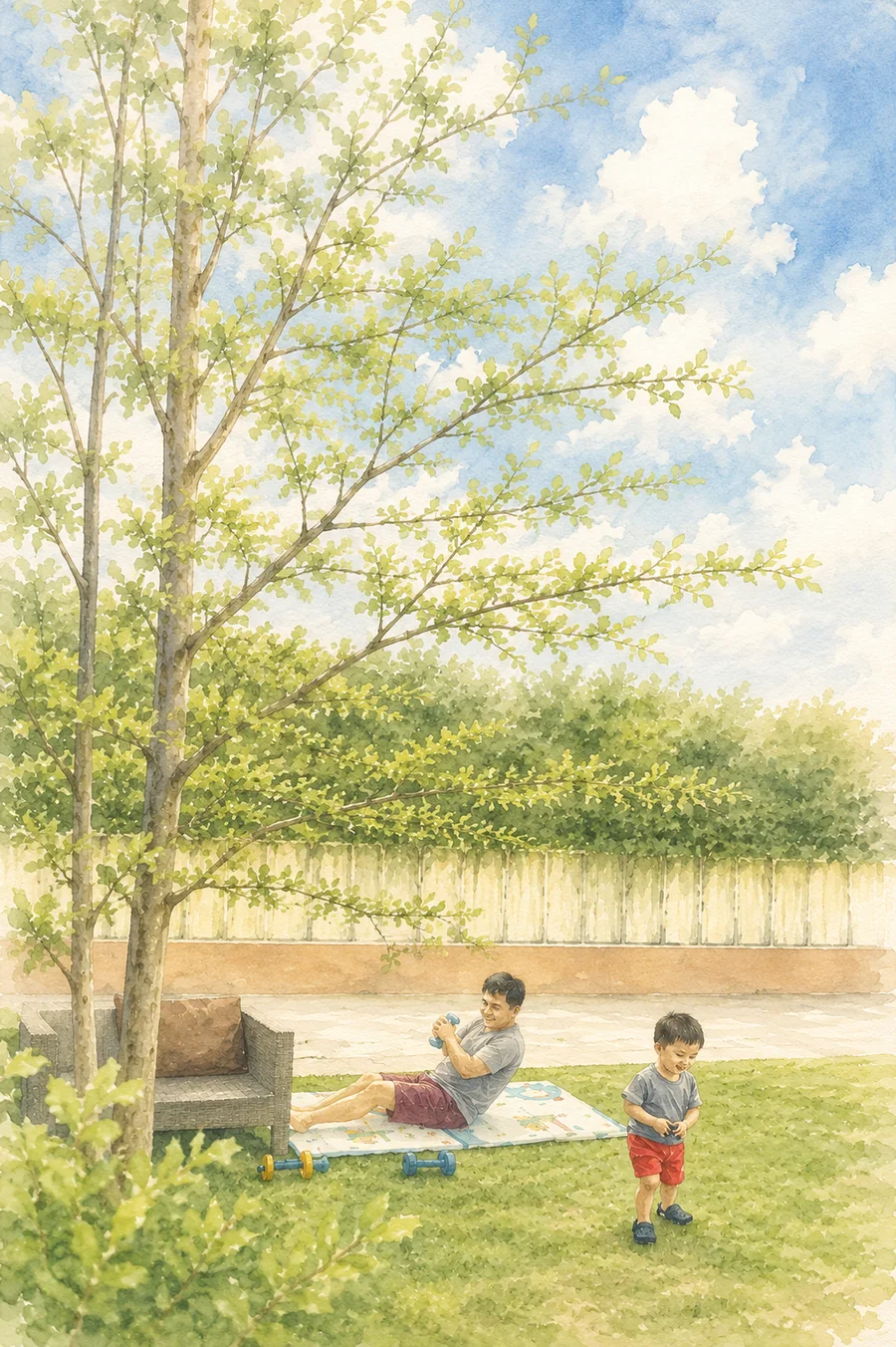 Watercolor tree with a birdhouse and bluebird