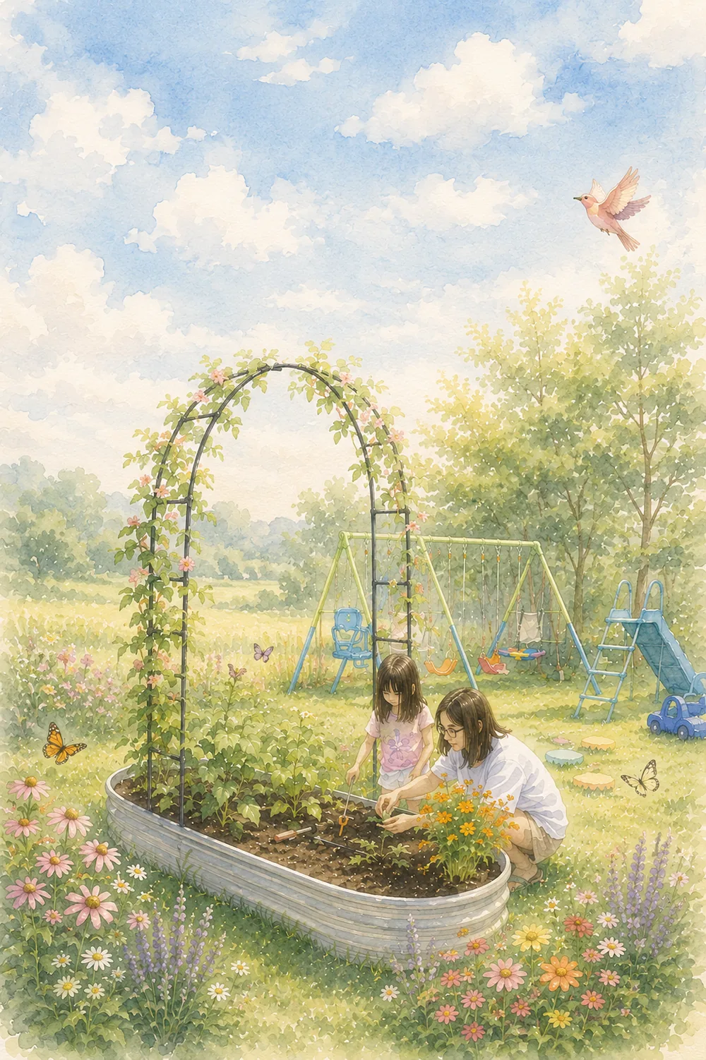 Watercolor of a mother and daughter gardening in a backyard with a flower arch and swing set
