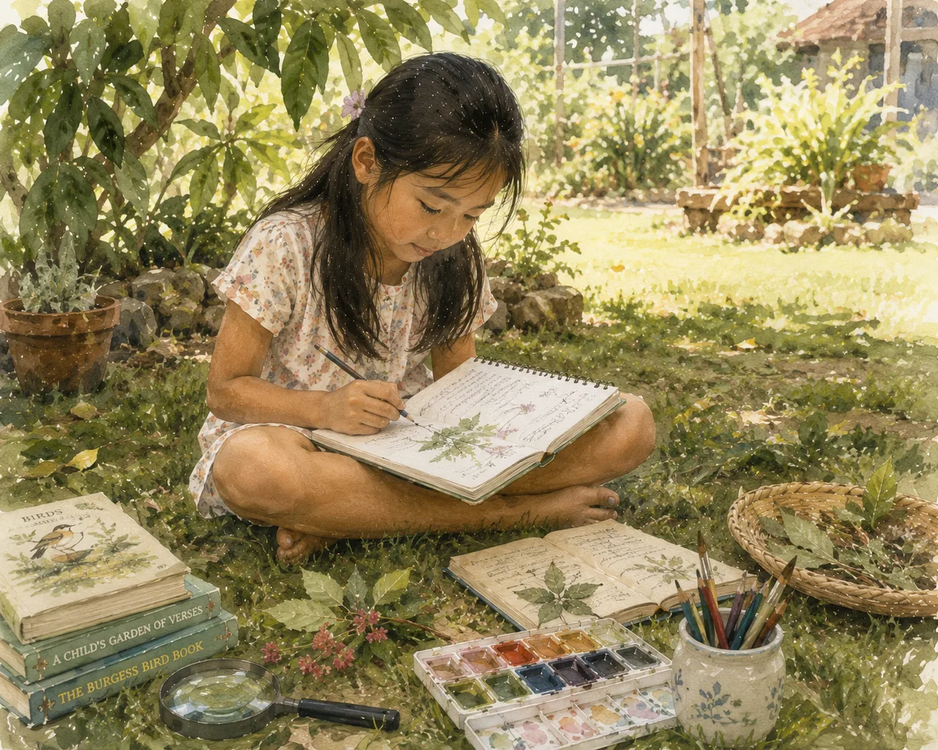 Watercolor of a young Filipino girl sitting cross-legged in a garden, drawing a plant in her nature journal, with living books, a watercolor palette, and a magnifying glass beside her