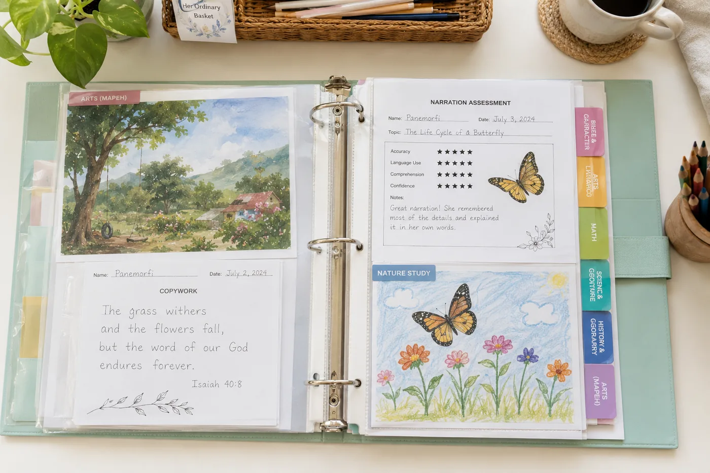 An open homeschool portfolio binder with colorful subject tabs, showing a narration assessment, a copywork page of Isaiah 40:8, a picture study, and a child's nature-study drawing of a butterfly