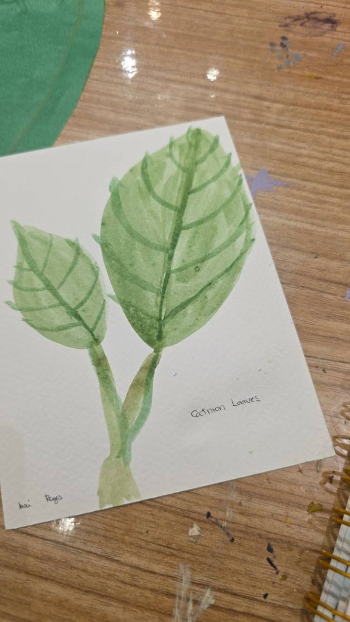 A watercolour painting of catmon leaves signed Mai Reyes
