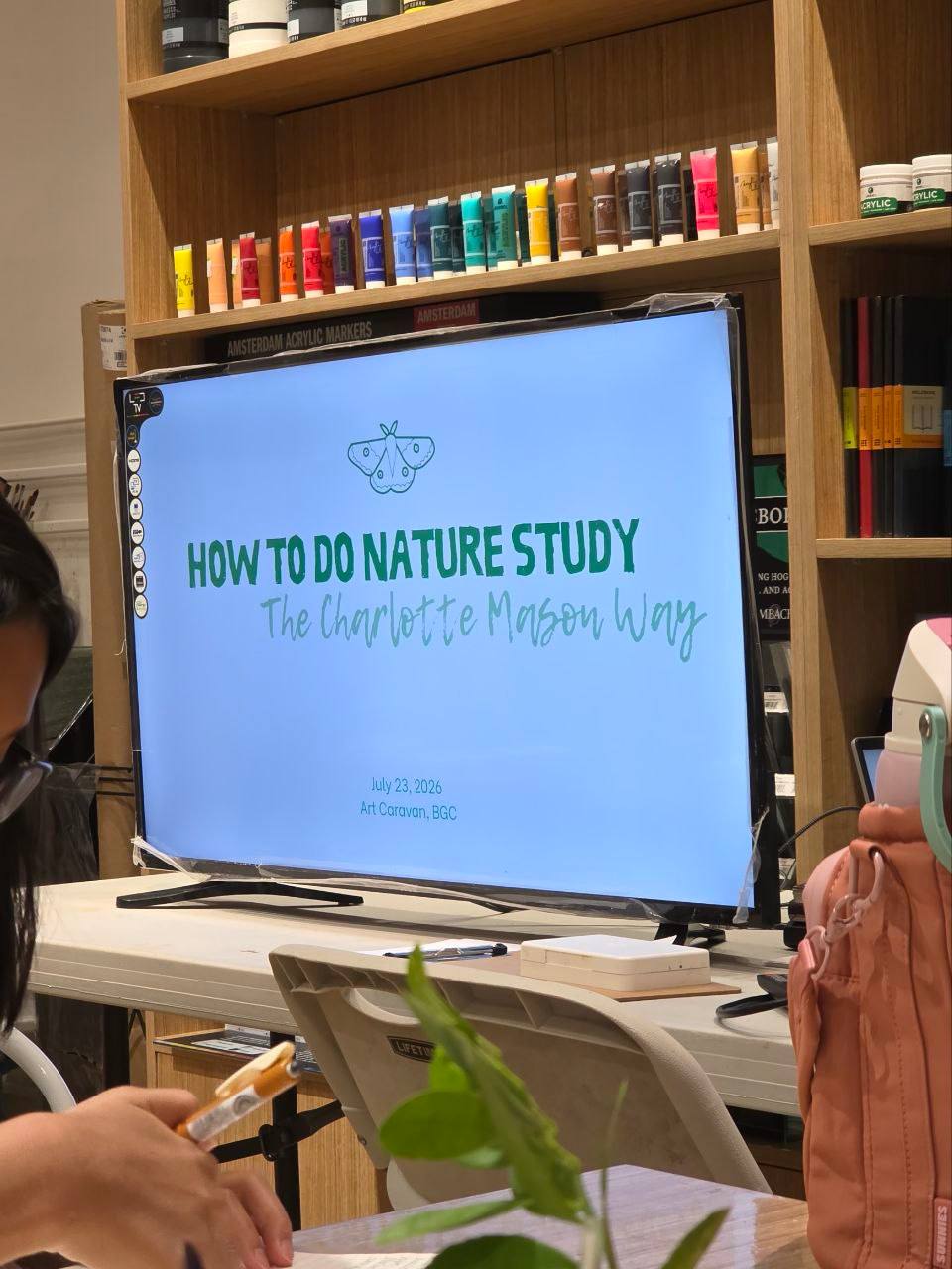 A screen reading How to Do Nature Study, the Charlotte Mason Way, Art Caravan BGC