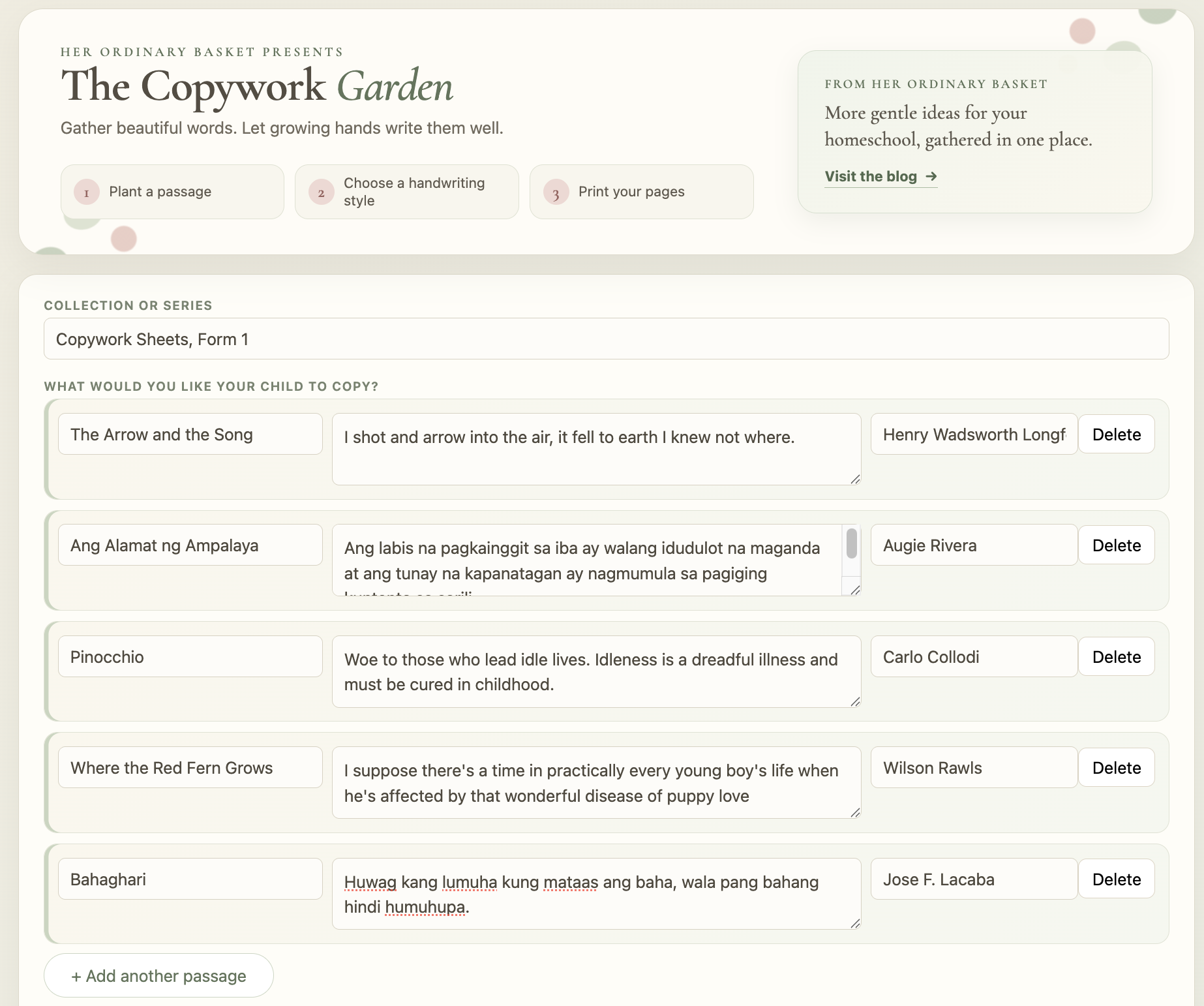 The Copywork Garden worksheet editor
